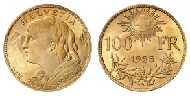 Confédération
100 Francs 1925 B, Berne. Buste de jeune femme à gauche, dans un paysage de montagnes / Valeur et date. Au-dessus, une croix suisse ray...