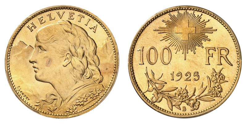 Confédération
100 Francs 1925 B, Berne. Buste de jeune femme à gauche, dans un ...