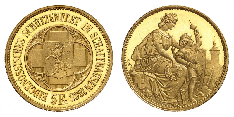 Confédération
Tir fédéral de Schaffhouse. 
5 Francs 1865, Berne. FRAPPE en OR....