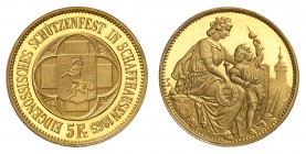 Confédération
Tir fédéral de Schaffhouse. 
5 Francs 1865, Berne. FRAPPE en OR. Armoiries de Schaffhouse sur une croix fédérale, le tout inscrit dans...