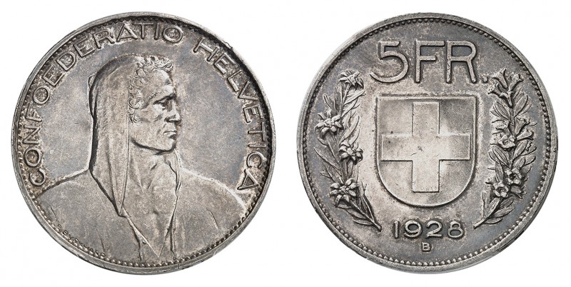 Confédération
5 Francs 1928 B, Berne. Buste de berger à droite / Ecusson suisse...