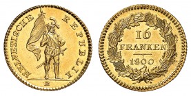 République helvétique
16 Franken 1800 B, Berne. Guerrier debout de trois quarts à droite, tenant un étendard de la main droite. Lettre d'atelier à l'...