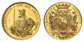 Berne
Médaille en or au poids de 12 ducats, non datée (après 1741), par J. Dassier. L'Abondance et la Charité entourant les armes de Berne disposées ...