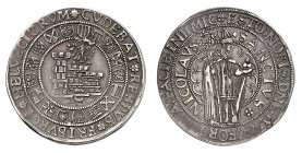 Fribourg
Guldiner non daté (avant 1536). Armoiries de Fribourg entourées de dix-sept petits écussons / Saint Nicolas en tenue d'évêque debout de face...