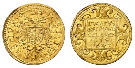Genève
Ducat 1647 GI (Joseph Gringalet). Aigle d’empire couronnée portant en coeur l’écu de Genève / Inscription et date dans un cartouche ornementé....