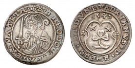 Valais
Adrien I de Riedmatten, 1529-1548. 
Demi-Dicken 1542. Armoiries entre deux feuilles de trèfle. Date au-dessus / Buste de saint Théodule tenan...