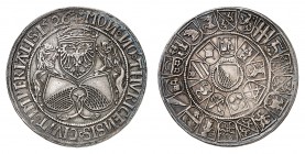 Zurich
Guldiner 1526. Trois écus flanqués de deux lions / Armes de Zurich entourées de deux cercles concentriques d'écussons. Tranche lisse. 29,32g. ...