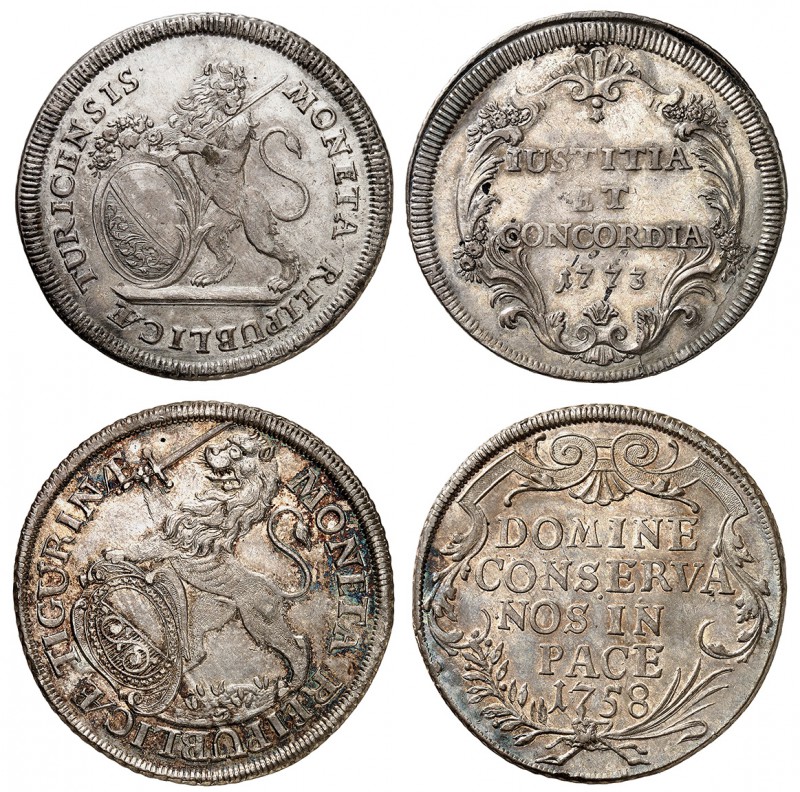 Zurich
Lot de 2 monnaies en argent: Taler 1758 et Taler 1773. Lion debout à gau...