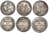 Zurich
Lot de 3 monnaies en argent: Demi-Taler de 40 Schillings 1773, 1776 et 1779. Lion debout à gauche, la tête à droite, tenant une épée et un bou...
