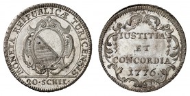 Zurich
Demi-Gulden de 20 Schillings 1776. Armoiries ornementées. Valeur à l'exergue / Inscription et date sur quatre lignes dans un cartouche ornemen...