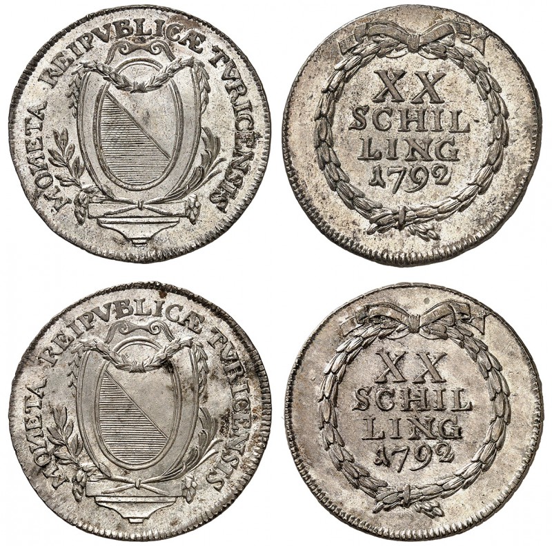 Zurich
Lot de deux Demi-Gulden de 20 Schillings 1792. Armoiries ornementées / V...