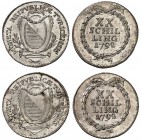 Zurich
Lot de deux Demi-Gulden de 20 Schillings 1792. Armoiries ornementées / Valeur et date dans une couronne de laurier. Tranche ornée de feuillage...