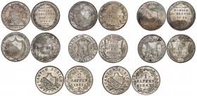Zurich
Lot de 8 monnaies: 10 Batzen 1812 (2). 8 Batzen 1810 et 1814, 10 Schillings 1808 et 1810, 2 et 1 Rappen 1842. 7,37g. (2), 7,26g., 7,36g., 4,69...