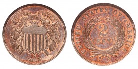 2 Cents 1864. ESSAI en CUPRO-NICKEL sur FLAN BRUNI. Ecusson surmonté de la devise des Etats-Unis. Date en-dessous / Valeur dans une couronne végétale....