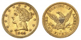 5 Dollars 1845 O, New Orleans. Tête de la Liberté à gauche, entourée de treize étoiles. Date en dessous / Ecusson sur une aigle aux ailes éployées, te...