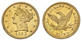 5 Dollars 1853 C, Charlotte. Tête de la Liberté à gauche, entourée de treize étoiles. Date en dessous / Ecusson sur une aigle aux ailes éployées, tena...
