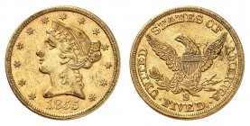 5 Dollars 1855 S, San Francisco. Tête de la Liberté à gauche, entourée de treize étoiles. Date en dessous / Ecusson sur une aigle aux ailes éployées, ...