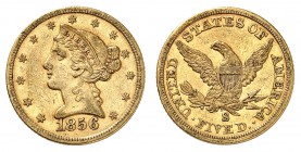 5 Dollars 1856 S, San Francisco. Tête de la Liberté à gauche, entourée de treize étoiles. Date en dessous / Ecusson sur une aigle aux ailes éployées, ...