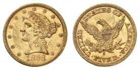 5 Dollars 1858 S, San Francisco. Tête de la Liberté à gauche, entourée de treize étoiles. Date en dessous / Ecusson sur une aigle aux ailes éployées, ...