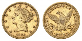 5 Dollars 1860 S, San Francisco. Tête de la Liberté à gauche, entourée de treize étoiles. Date en dessous / Ecusson sur une aigle aux ailes éployées, ...