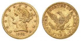 5 Dollars 1863 S, San Francisco. Tête de la Liberté à gauche, entourée de treize étoiles. Date en dessous / Ecusson sur une aigle aux ailes éployées, ...