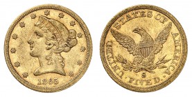 5 Dollars 1865 S, San Francisco. Tête de la Liberté à gauche, entourée de treize étoiles. Date en dessous / Ecusson sur une aigle aux ailes éployées, ...