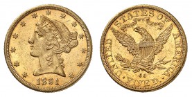 5 Dollars 1891 CC, Carson City. Tête de la Liberté à gauche, entourée de treize étoiles. Date en dessous / Ecusson sur une aigle aux ailes éployées, t...
