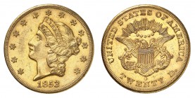 20 Dollars 1853 O, New Orleans. Tête de la Liberté à gauche, entourée de treize étoiles. Date en dessous / Ecusson sur une aigle aux ailes éployées. A...