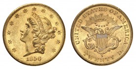 20 Dollars 1856 S, San Francisco. Tête de la Liberté à gauche, entourée de treize étoiles. Date en dessous / Ecusson sur une aigle aux ailes éployées....