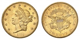 20 Dollars 1857 S, San Francisco. Tête de la Liberté à gauche, entourée de treize étoiles. Date en dessous / Ecusson sur une aigle aux ailes éployées....