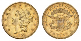 20 Dollars 1859 O, New Orleans. Tête de la Liberté à gauche, entourée de treize étoiles. Date en dessous / Ecusson sur une aigle aux ailes éployées. A...