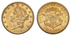 20 Dollars 1859 S, San Francisco. Tête de la Liberté à gauche, entourée de treize étoiles. Date en dessous / Ecusson sur une aigle aux ailes éployées....