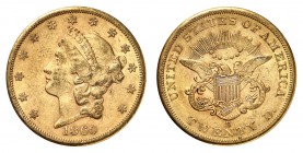20 Dollars 1860 S, San Francisco. Tête de la Liberté à gauche, entourée de treize étoiles. Date en dessous / Ecusson sur une aigle aux ailes éployées....