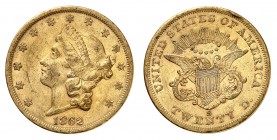 20 Dollars 1862 S, San Francisco. Tête de la Liberté à gauche, entourée de treize étoiles. Date en dessous / Ecusson sur une aigle aux ailes éployées....