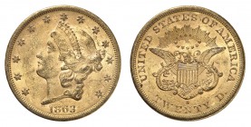 20 Dollars 1863 S, San Francisco. Tête de la Liberté à gauche, entourée de treize étoiles. Date en dessous / Ecusson sur une aigle aux ailes éployées....