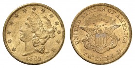 20 Dollars 1865 S, San Francisco. Tête de la Liberté à gauche, entourée de treize étoiles. Date en dessous / Ecusson sur une aigle aux ailes éployées....
