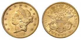 20 Dollars 1870 S, San Francisco. Tête de la Liberté à gauche, entourée de treize étoiles. Date en dessous / Ecusson sur une aigle aux ailes éployées....