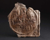 A ROMAN DANUBIAN RIDER LEAD VOTIVE PLAQUE Circa 3rd-4th century AD. Rectangular ‘Mystery Plaque’ with circular central medallion. In the corners surro...