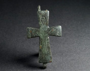 A BYZANTINE BRONZE RELIQUARY CROSS WITH VIRGIN MARY Circa 10th-12th century AD. One half of a reliquary cross (enkolpion) depicting Mary Theotokos, th...