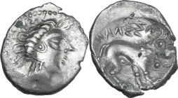 Celtic World. Southern Gaul, Insubres. AR Drachm, imitating Massalia, 2nd century BC. Obv. Head of nymph right. Rev. Lion right; pseudo-legend above. ...