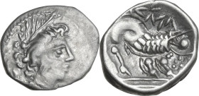 Celtic World. Southern Gaul, Insubres. AR Drachm, imitating Massalia, 2nd century BC. Obv. Head of nymph right. Rev. Lion right; pseudo-legend above. ...