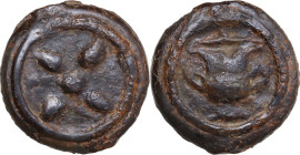 Greek Italy. Inland Etruria, uncertain mint. Wheel/Crater series. AE Cast Uncia, 3rd century BC. Obv. Wheel with four spokes. Rev. Crater; above, pell...