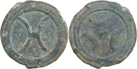 Greek Italy. Inland Etruria, uncertain mint. Archaic Wheel/Three crescent series. AE Cast Triens, 3rd century BC. Obv. Archaic wheel within double lin...