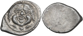 Greek Italy. Etruria, Populonia. First Metus Group. AR Didrachm of 10 Units, c. 425-400 BC. Obv. Head of Metus facing, wearing diadem; below, dolphins...