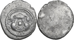 Greek Italy. Etruria, Populonia. First Metus Group. AR 2.5 Units, c. 425-400 BC. Obv. Head of Metus facing, hair bound with diadem; below, II Rev. Bla...