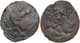 Greek Italy. Etruria, Populonia. Turms/Two Caducei Group. AE Sextans of 11-Units, late 3rd century BC. Obv. Bust of Turms right, wearing winged petasu...