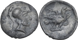 Greek Italy. Central Italy, Alba Fucens. AR Obol, c. 280-275 BC. Obv. Head of Minerva right, wearing crested Corinthian helmet. Rev. Eagle right on th...