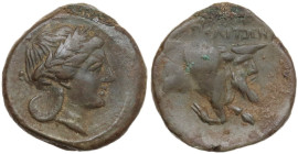 Greek Italy. Central and Southern Campania, Neapolis. AE 12 mm, c. 300-275 BC. Obv. Laureate head of Apollo right. Rev. Forepart of man-headed bull ri...