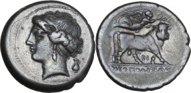 Greek Italy. Central and Southern Campania, Neapolis. AR Nomos, c. 275-250 BC. Obv. Head of nymph left, hair in band; behind, oinochoe. Rev. Man-heade...