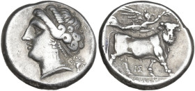 Greek Italy. Central and Southern Campania, Neapolis. AR Nomos, c. 275-250 BC. Obv. Head of nymph left, hair in band; behind, radiate head of Helios f...